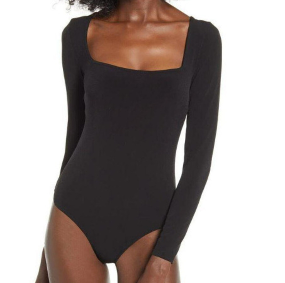LEITH Square Neck Black long sleeve bodysuit black XL